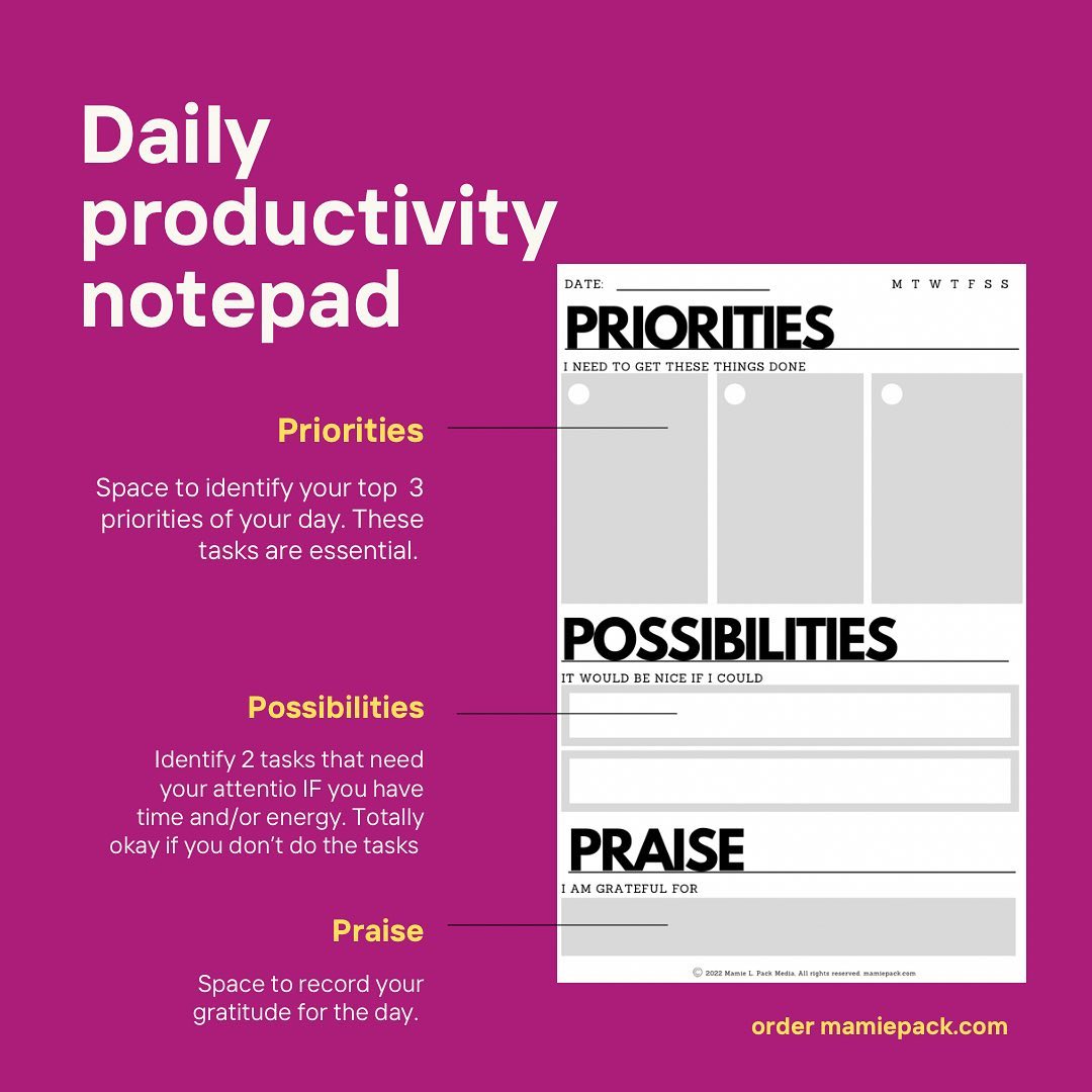 Ditch the complicated to-do list. Our Daily Productivity Notepad is about to be your favorite way to organize your day. With three simple areas, you will be able to get more done in your day by focusing on what really matters. Try it out for yourself. 
.
.
.
.
.
.
.
#mamielpackmedia #notepad #functionalplanning #whitespaceplanning #notepads #stationeryshop #stationeryaddict #stationerylove #stationerystore #stationeryshop #stationeryproducts #productivitytips #productivitytools #increaseproductivity #priorities #gratitudepractice #gratitude #simpleliving #intentionalliving #intentionalbusiness #simplereminders #todolists #listersgottalist